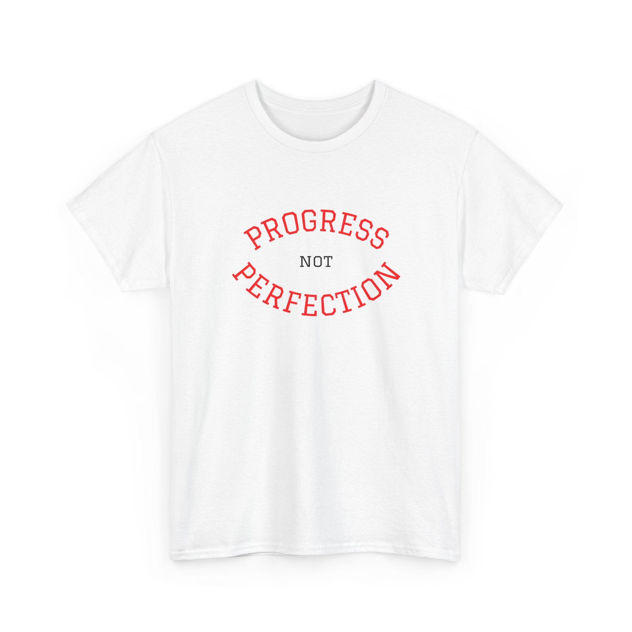 White unisex cotton tee with red "PROGRESS" and "PERFECTION" slogan graphic