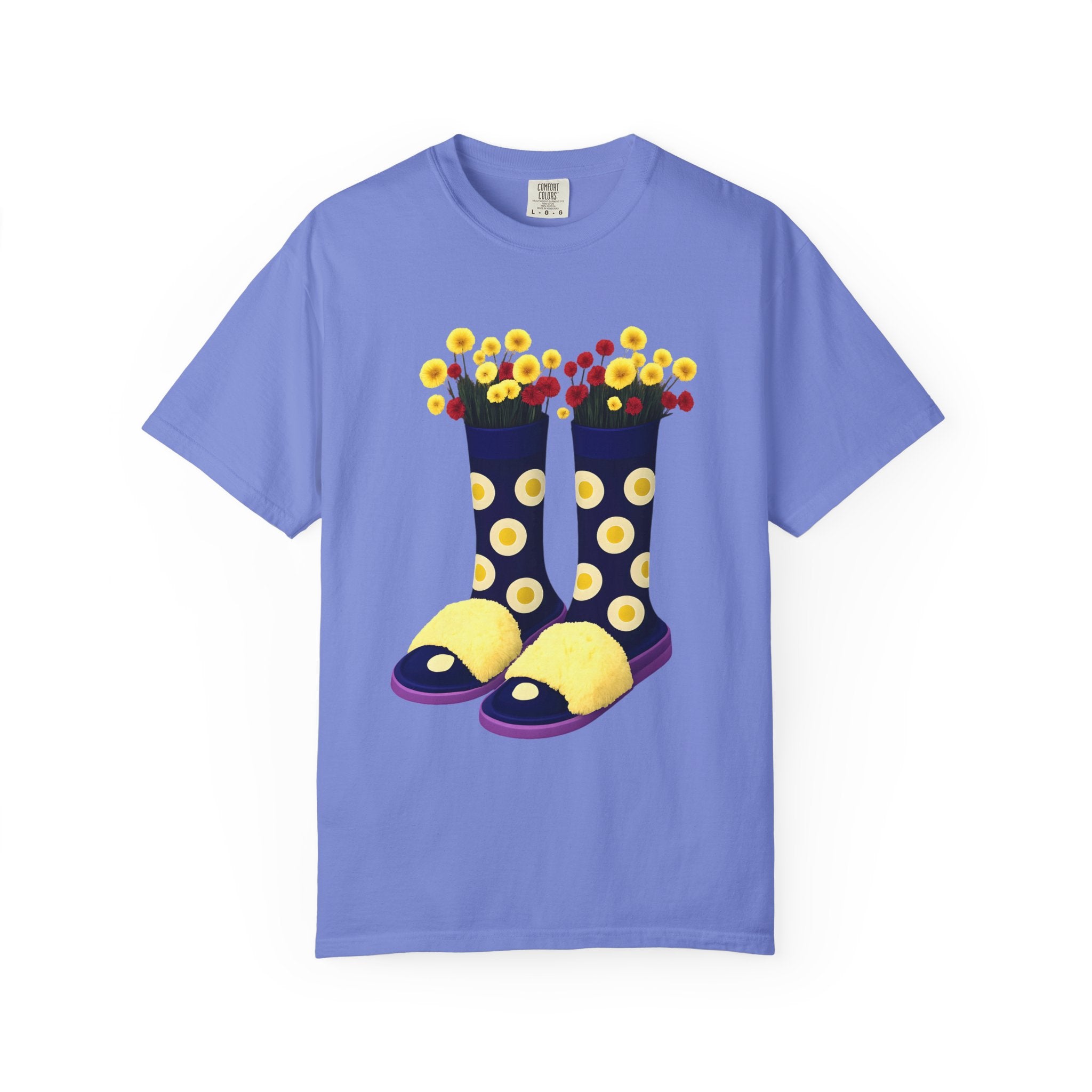 Light blue t-shirt with floral rain boot graphic in dark navy, yellow, and white spots.