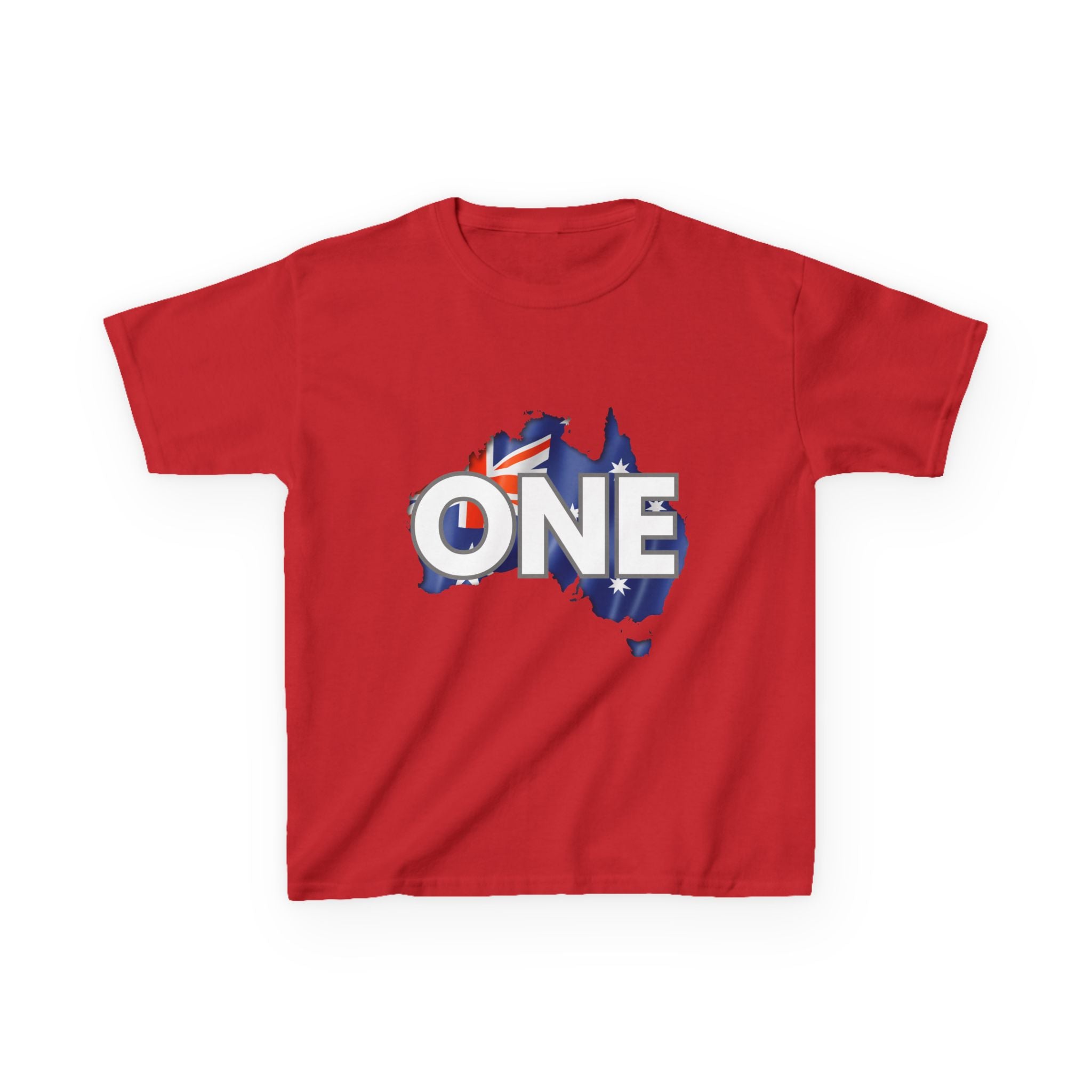 Red kids T-shirt with central 'ONE' Australia flag map graphic