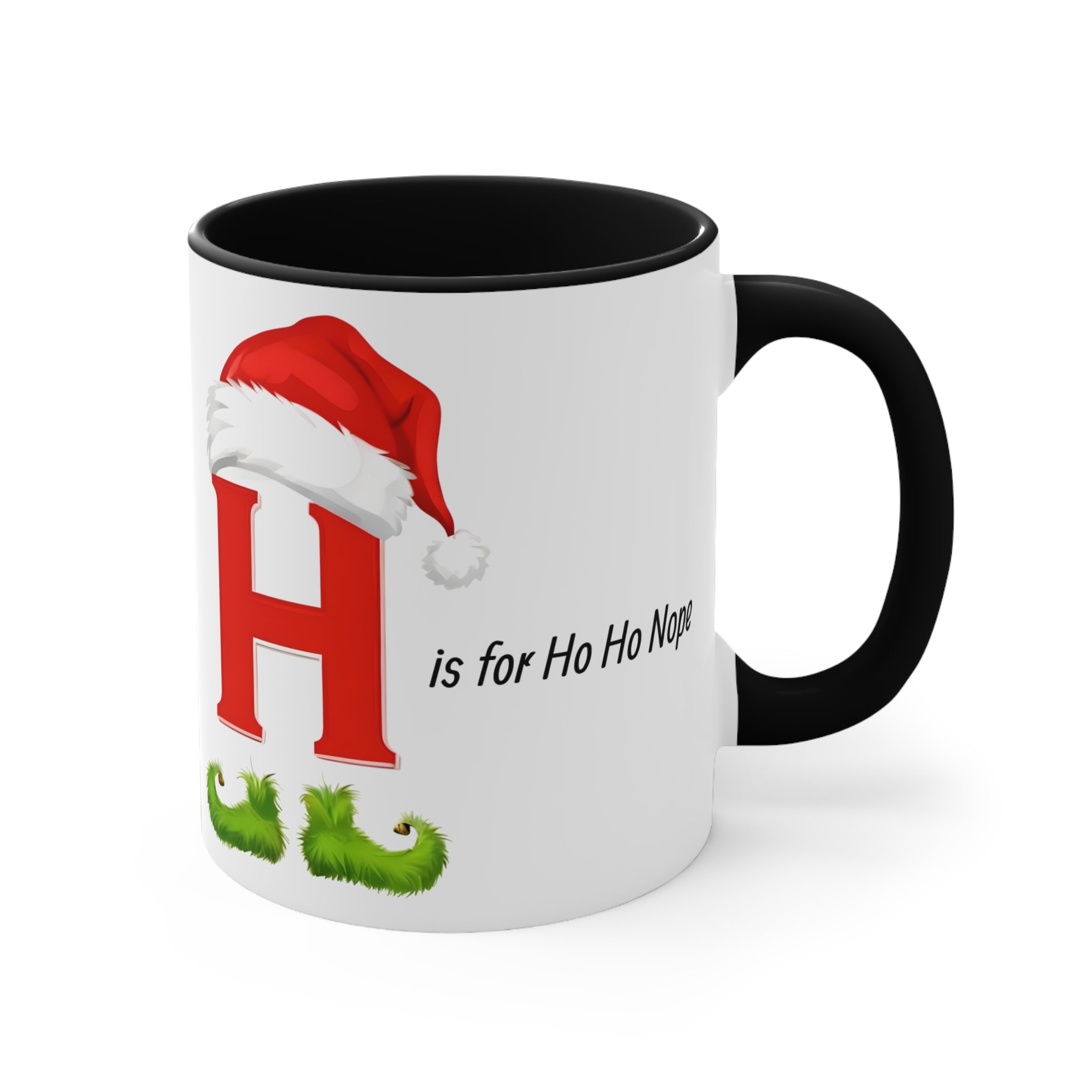 Christmas letter H mug, white with red H and slogan, green holly, black handle and rim