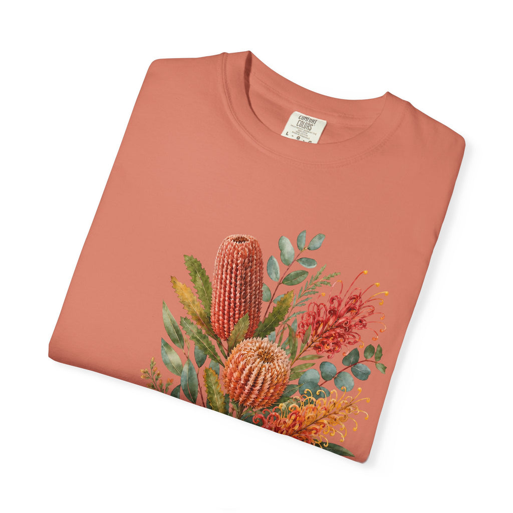 Terracotta crew-neck t-shirt close-up of colorful protea bouquet graphic print