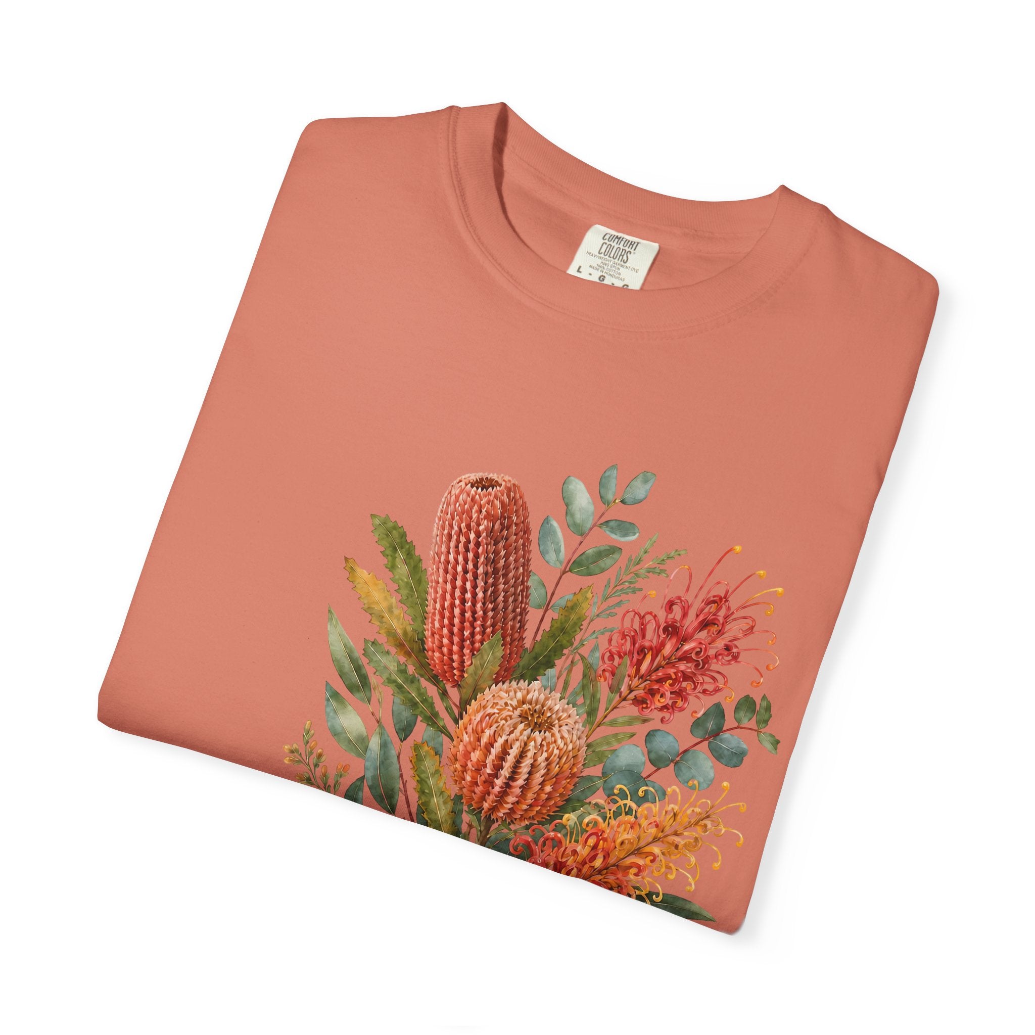 Terracotta crew-neck t-shirt close-up of colorful protea bouquet graphic print