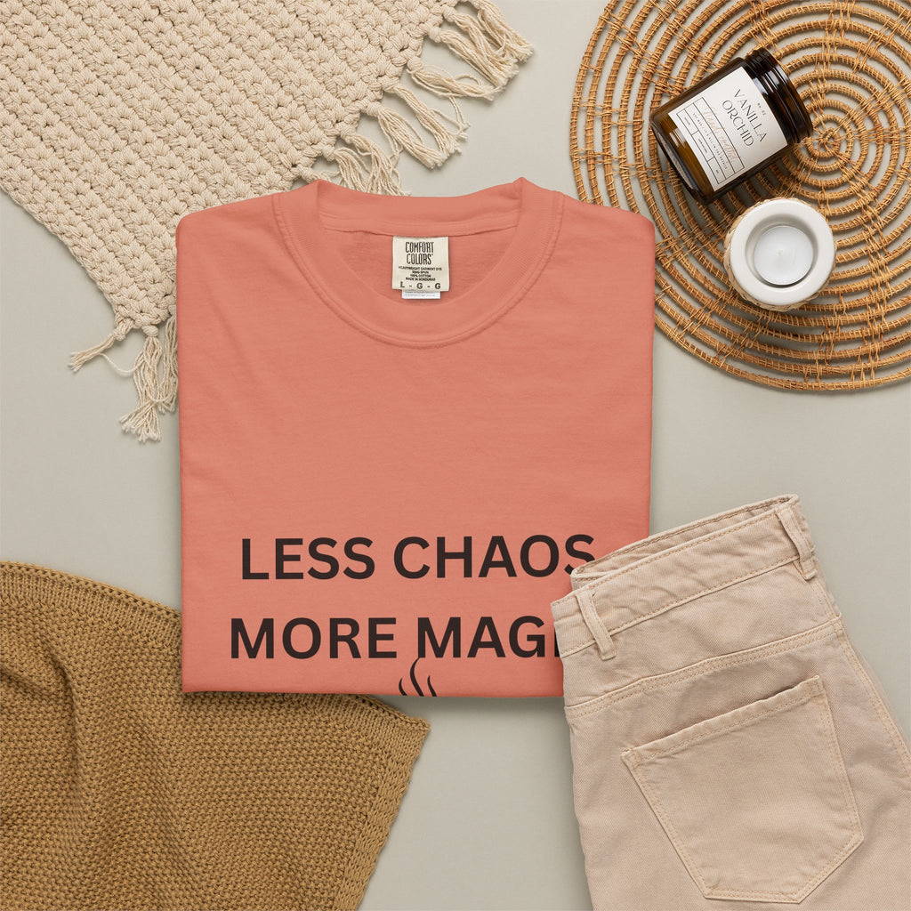 Less Chaos, More Magic T-Shirt — Cozy Coffee Cup Graphic Tee