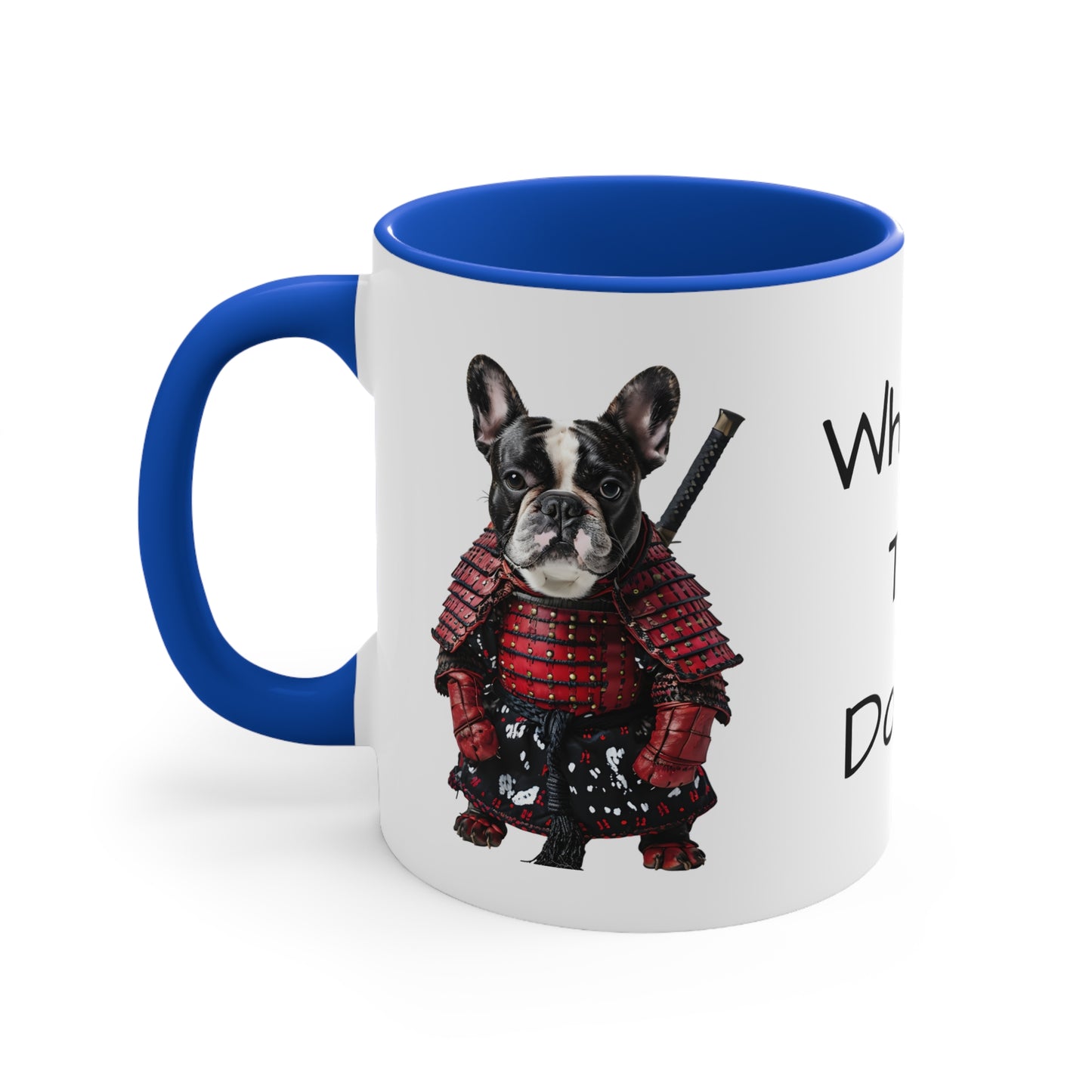 French Bulldog in Samurai Outfit Accent Mug Wheres the Donuts Fun Dog Lover and Samurai Fan Gift