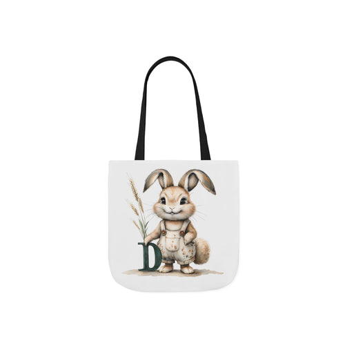 Canvas tote bag with bunny and letter D print, black handles, white front panel