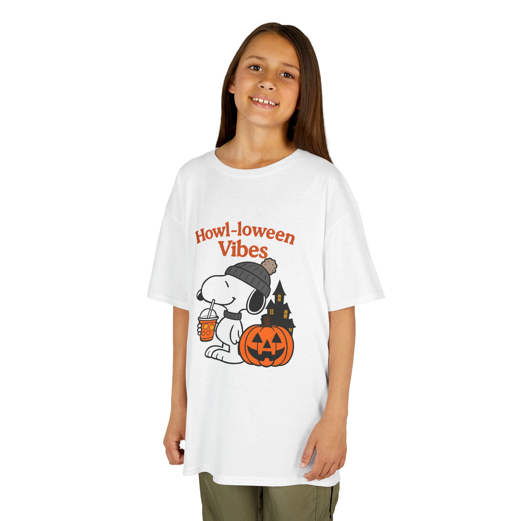Kids white Halloween vibes graphic T-shirt with cartoon pumpkin and cat