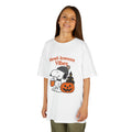 Kids white Halloween vibes graphic T-shirt with cartoon pumpkin and cat