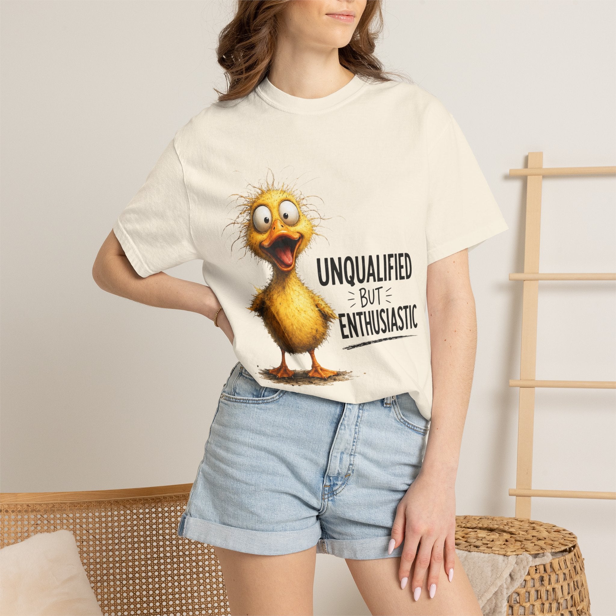 Ivory duck graphic t-shirt with UNQUALIFIED BUT ENTHUSIASTIC text