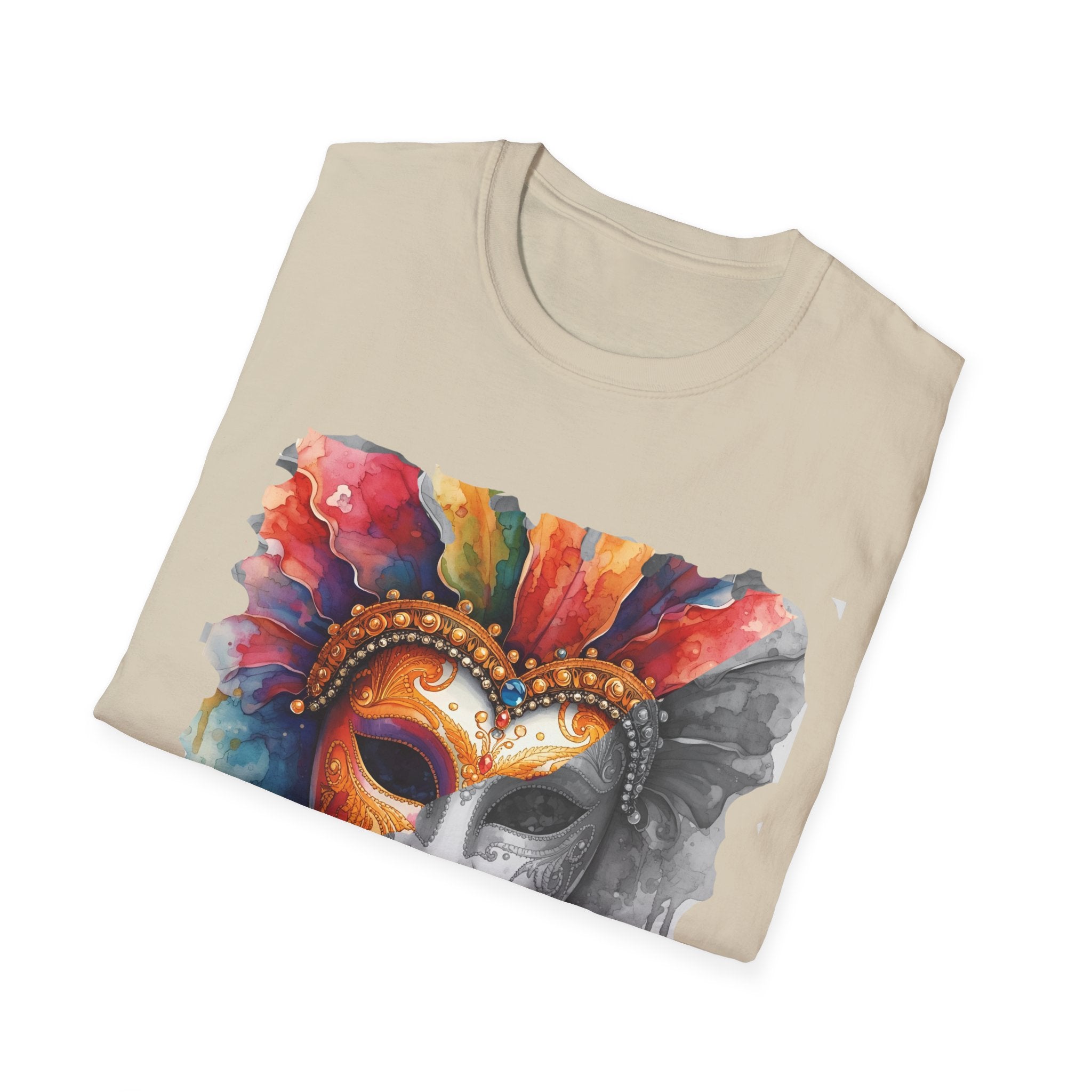 Beige T-shirt with watercolor masquerade face mask graphic at center