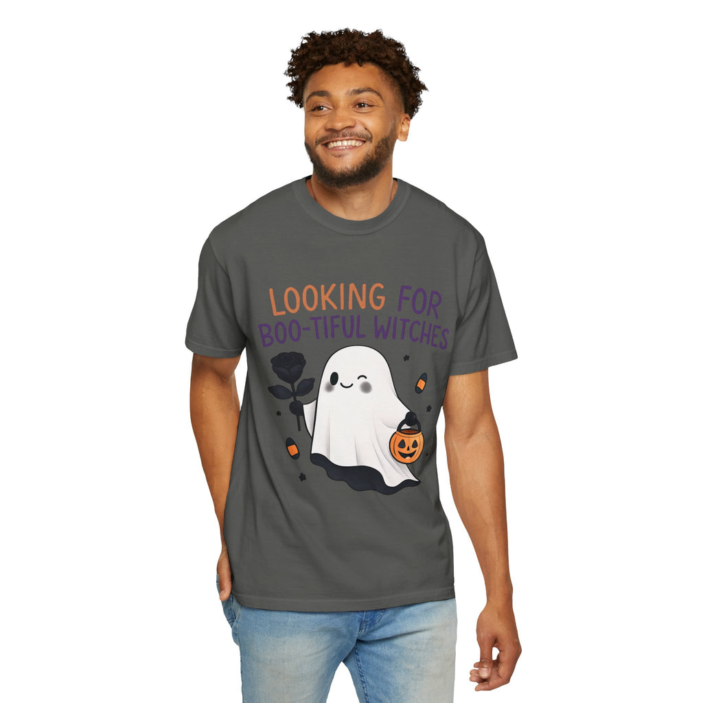 Dark gray unisex graphic T-shirt on model, ghost witch graphic with 'Boo-tiful Witches' text