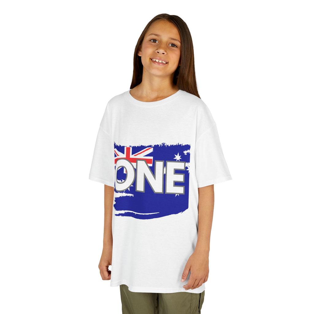 Kids Tee — "ONE" Australia Map Torn Flag Unity Design (Patriotic Australia Day Shirt)
