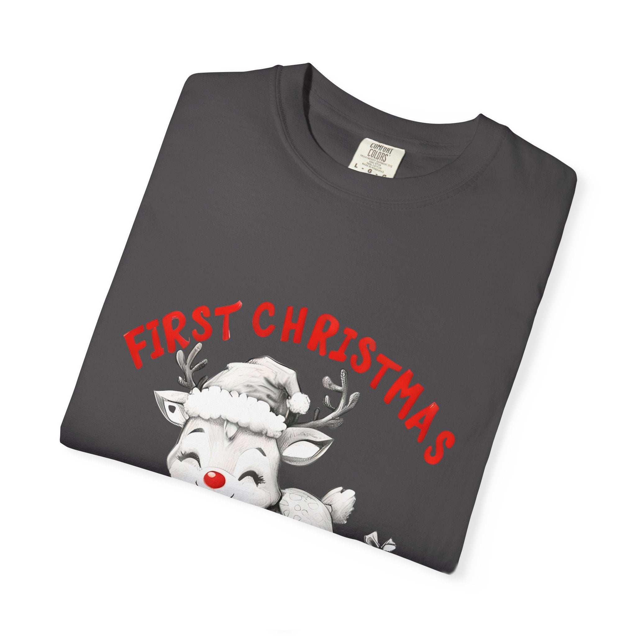 Dark gray T-shirt with reindeer and “First Christmas Auntie 2025” red text print