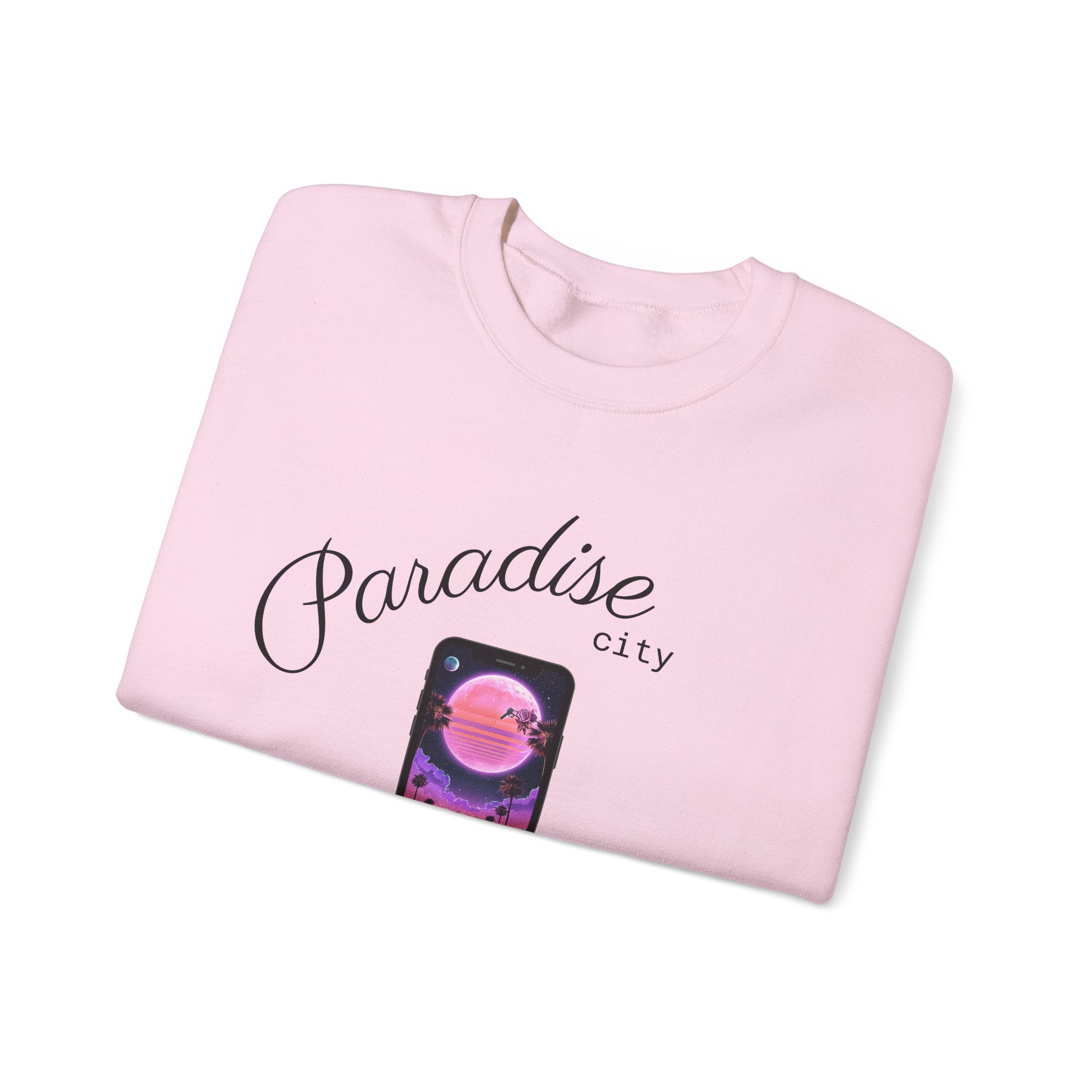 Light pink crewneck sweatshirt with phone graphic and Paradise city text