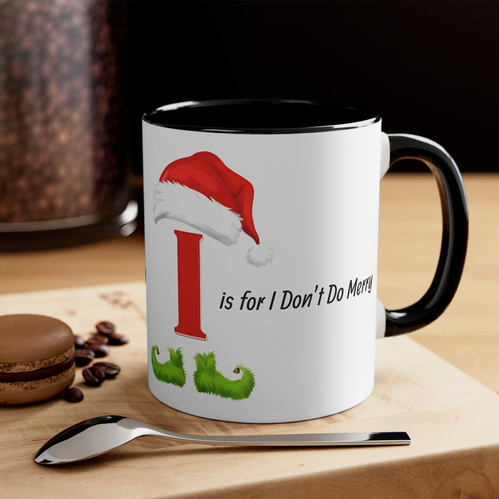 Coffee mug with Santa-hat letter I graphic, black interior and handle