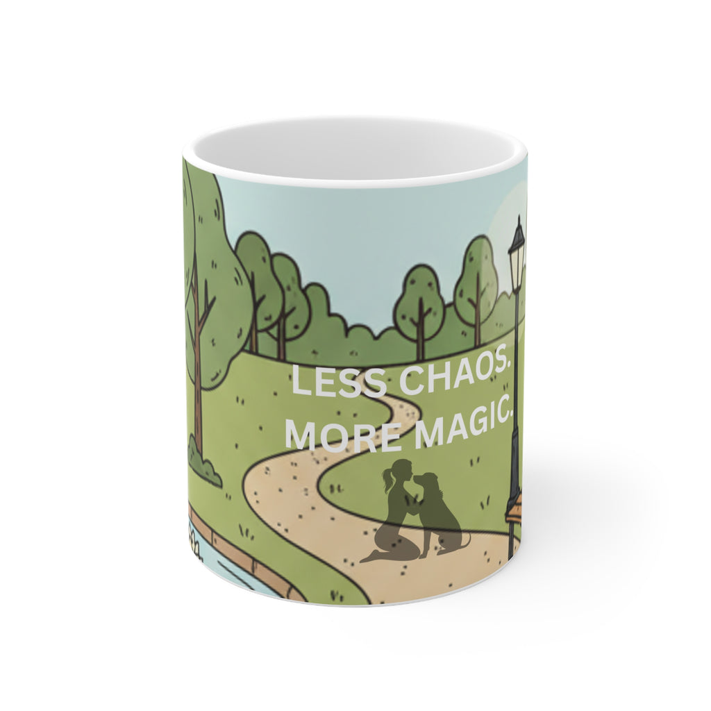 Coffee Mug — "Less Chaos, More Magic" Scenic Park Illustration (11oz)