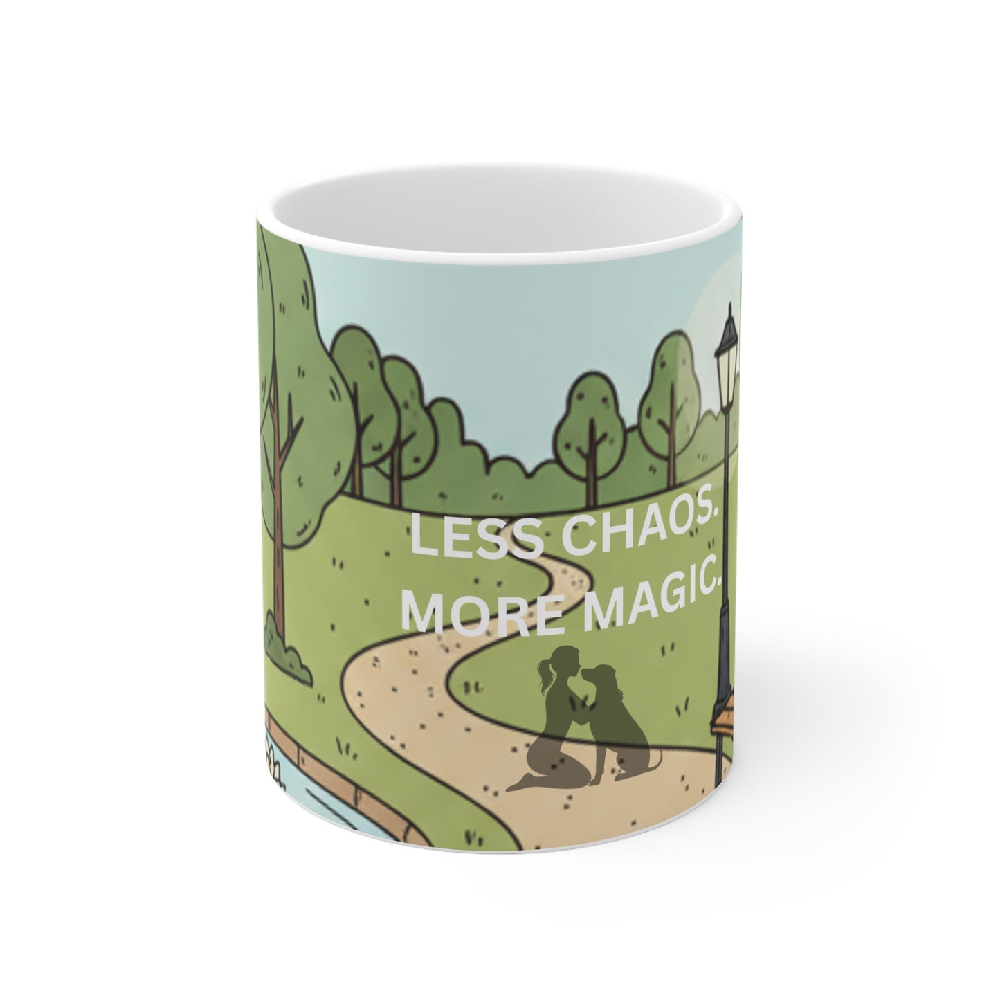 Coffee Mug — "Less Chaos, More Magic" Scenic Park Illustration (11oz)