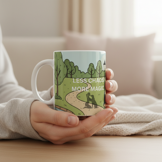 Coffee Mug — "Less Chaos, More Magic" Scenic Park Illustration (11oz)