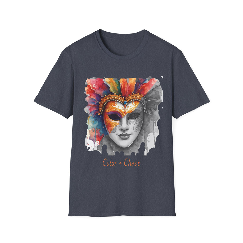Charcoal face graphic T-shirt with watercolor masquerade mask print on front