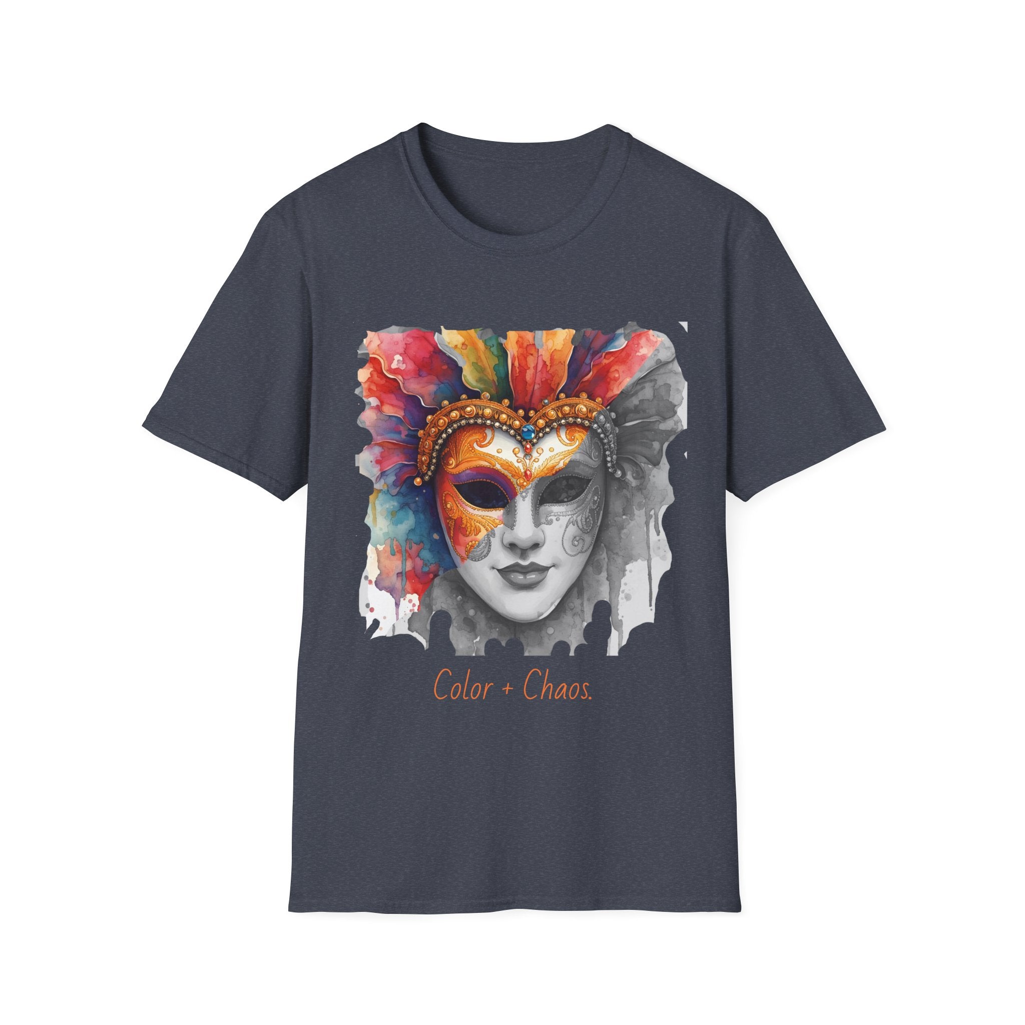 Charcoal face graphic T-shirt with watercolor masquerade mask print on front