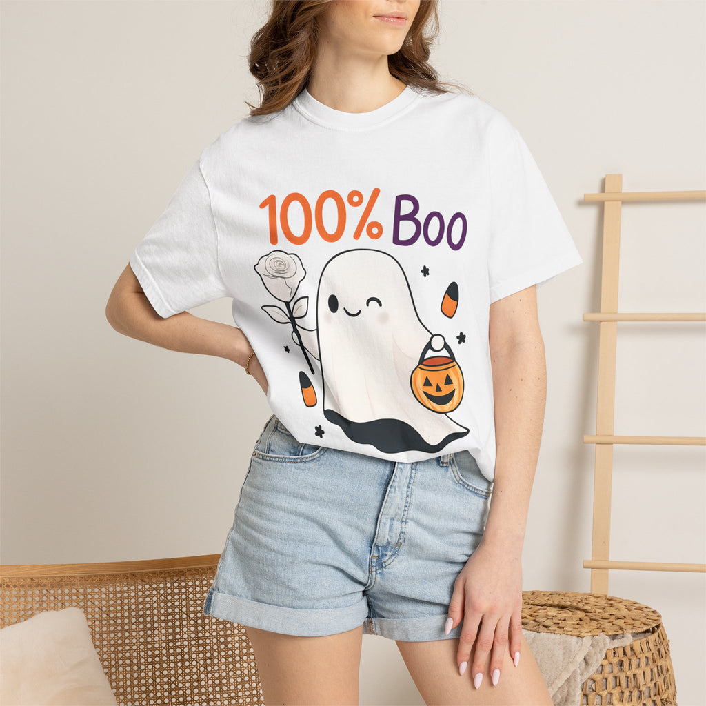White Halloween graphic t-shirt worn by model, “100% Boo” ghost and pumpkin