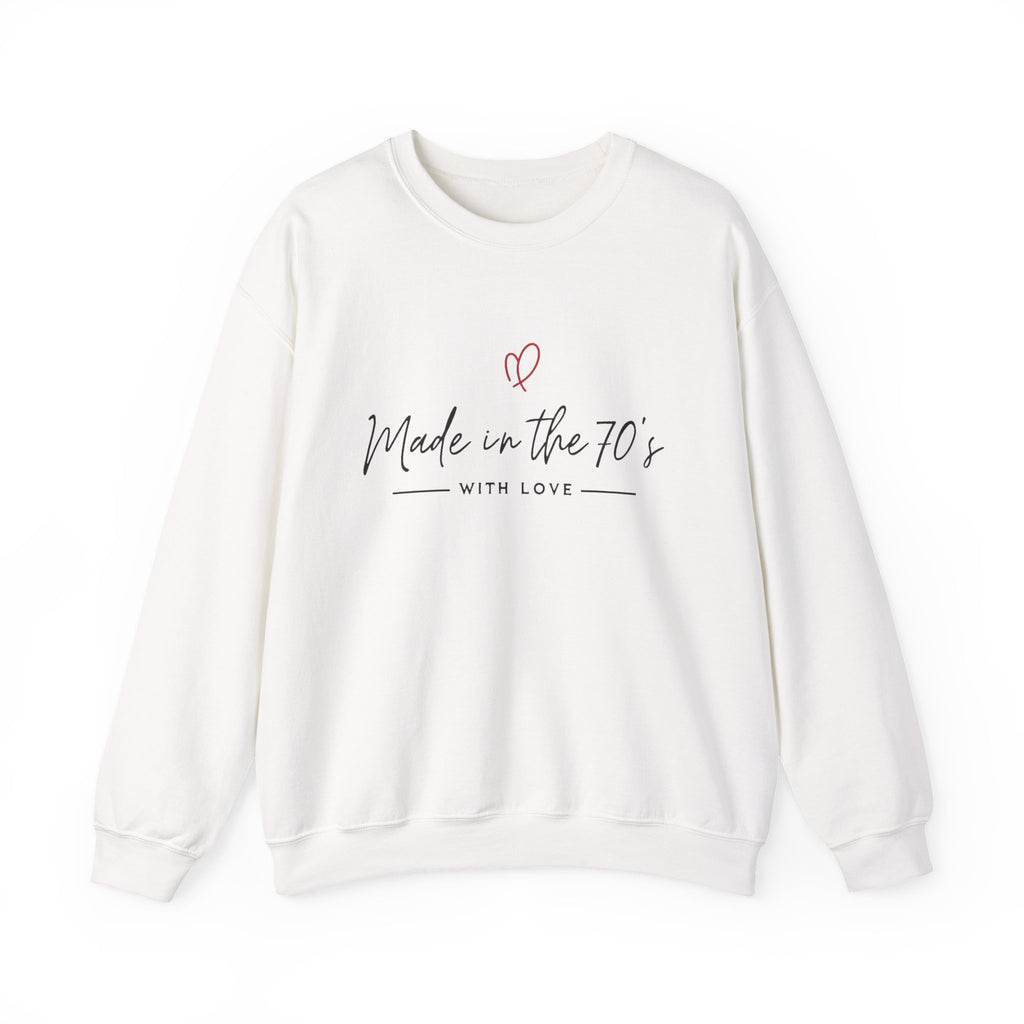 Unisex crewneck sweatshirt, white with center “Made in the 70’s” heart graphic
