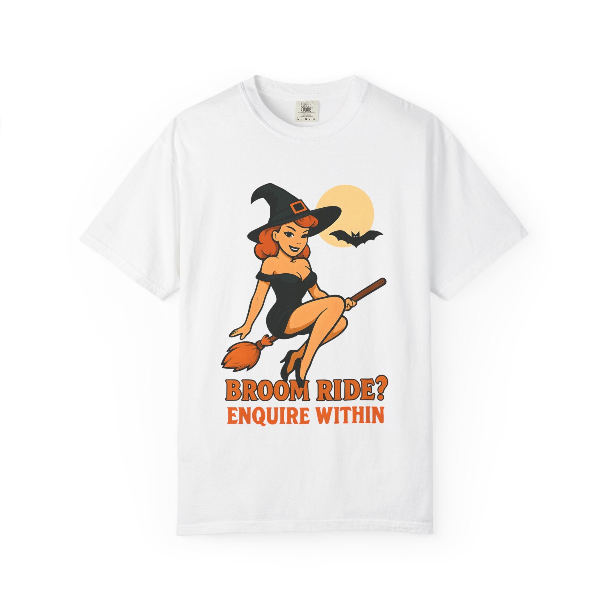 White witch pinup tee with broom ride graphic and orange text on the front