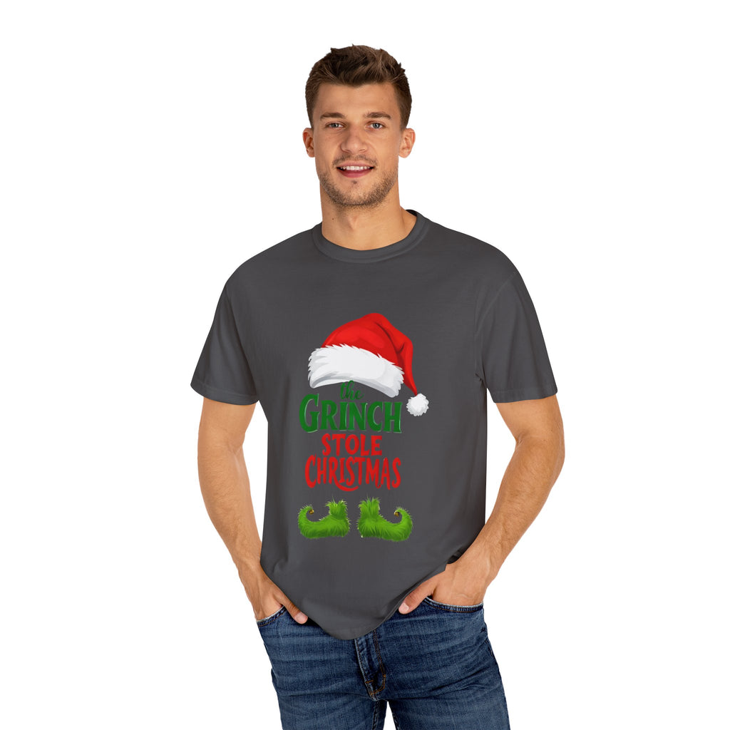 Dark grey crewneck T-shirt with red Santa-hat Grinch graphic and “stole Christmas”
