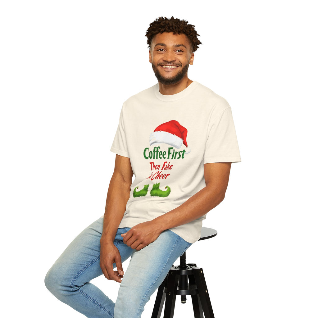 Ivory unisex Christmas T-shirt worn, with Santa hat 'Coffee First' and 'Then Fake the Cheer'
