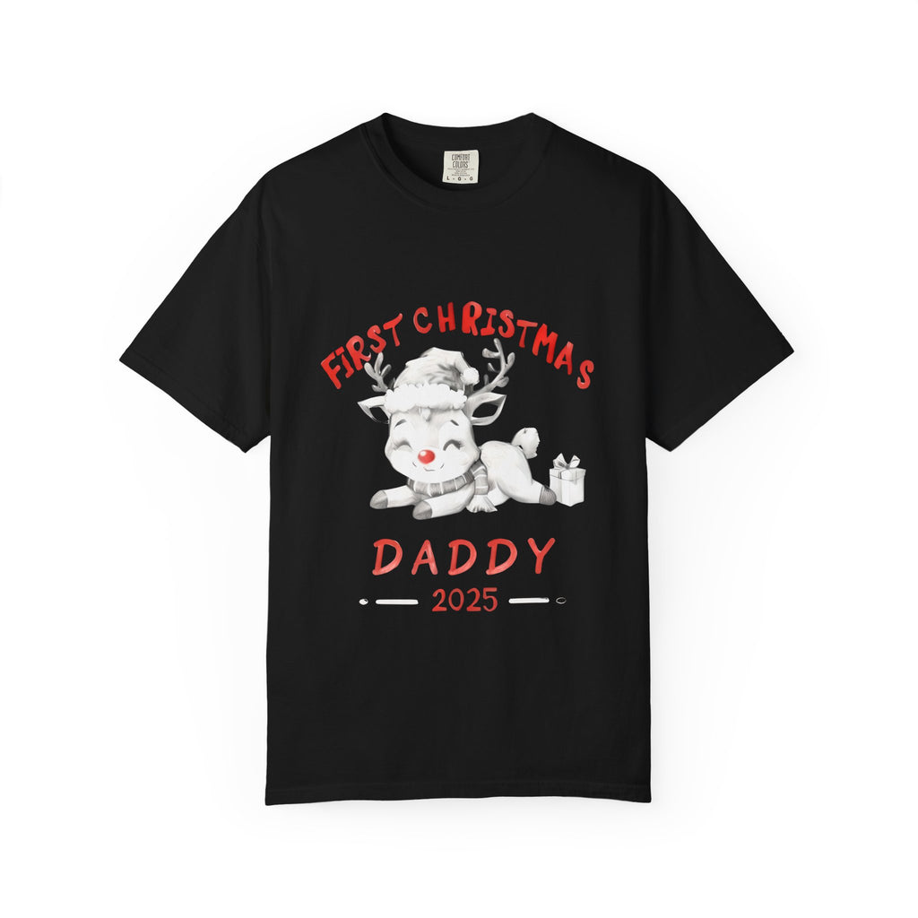 Black T-shirt with reindeer graphic and text “First Christmas Daddy 2025”
