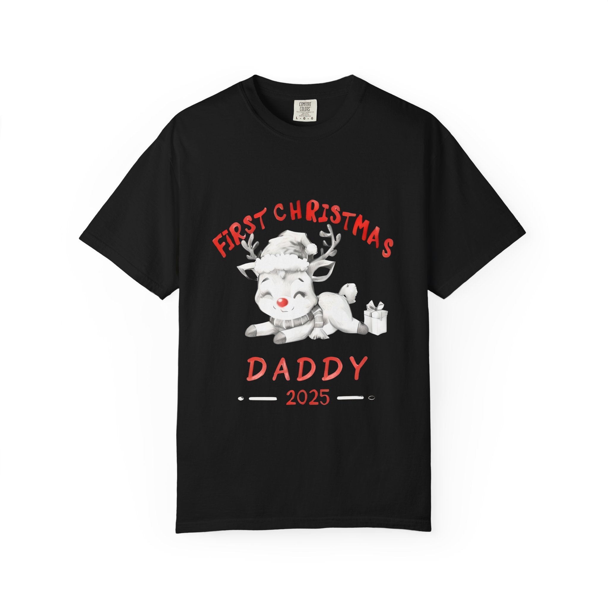Black T-shirt with reindeer graphic and text “First Christmas Daddy 2025”