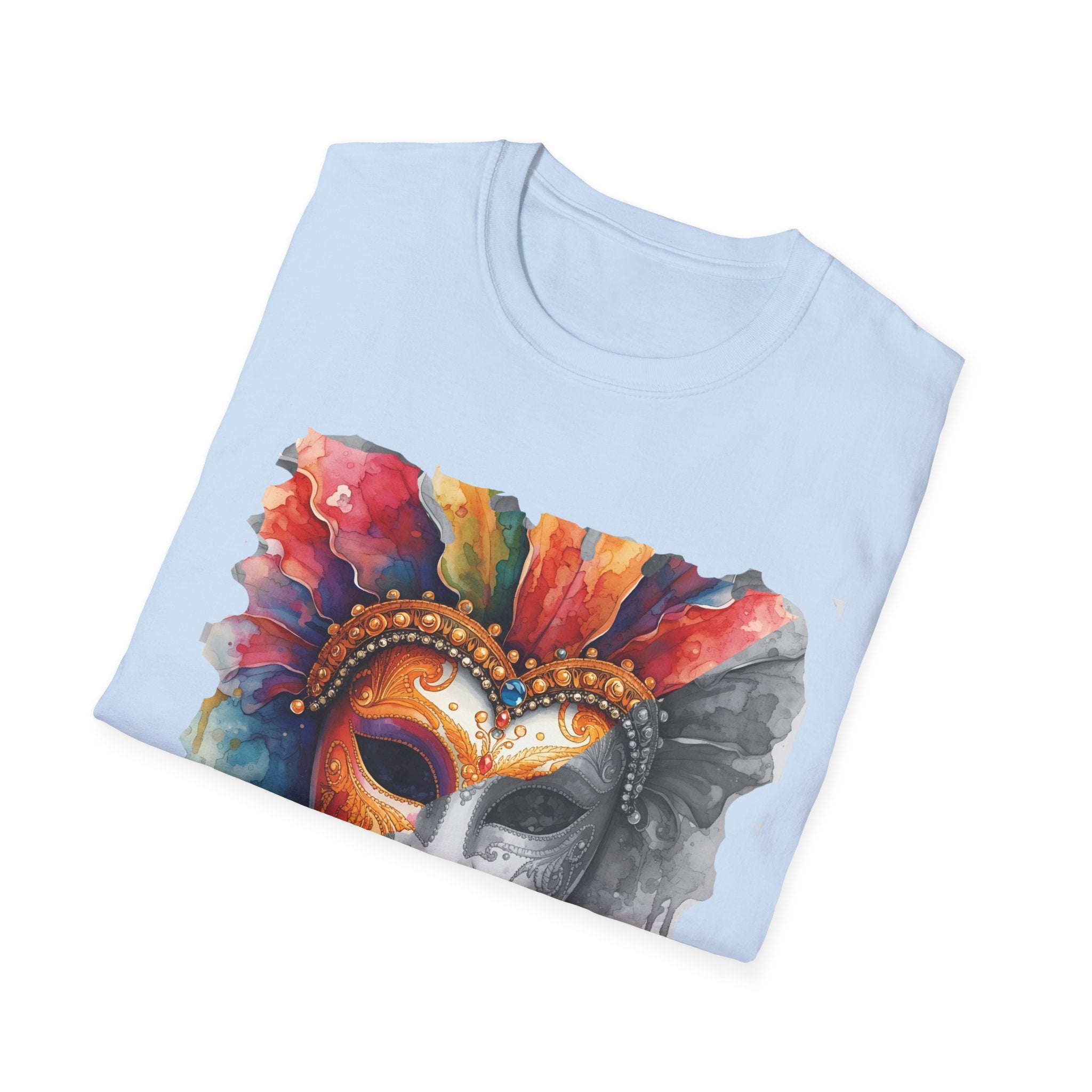 Light blue face mask graphic T-shirt with watercolor masquerade mask print on chest
