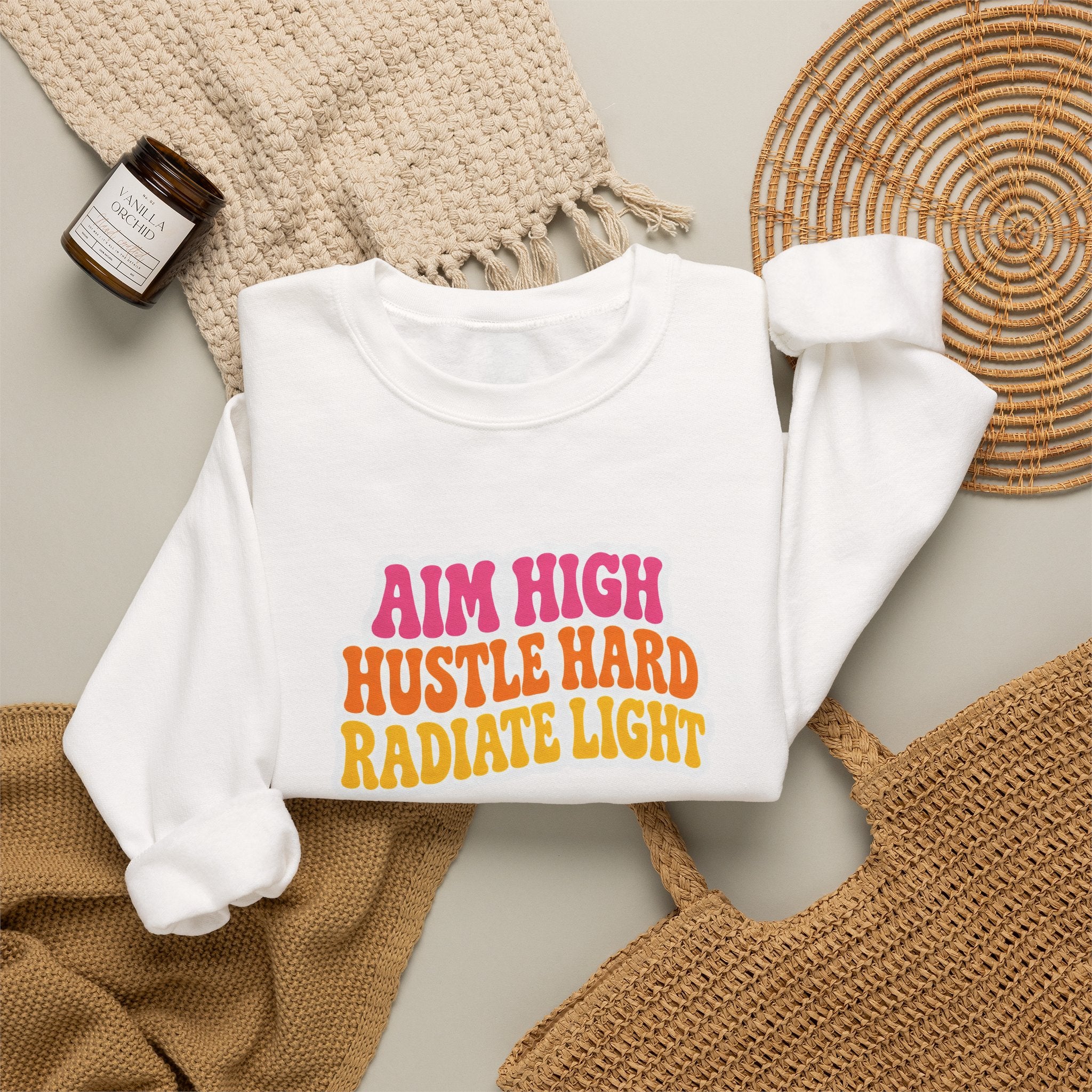 Aim High, Hustle Hard, Radiate Light Unisex Heavy Blend Crewneck Sweatshirt