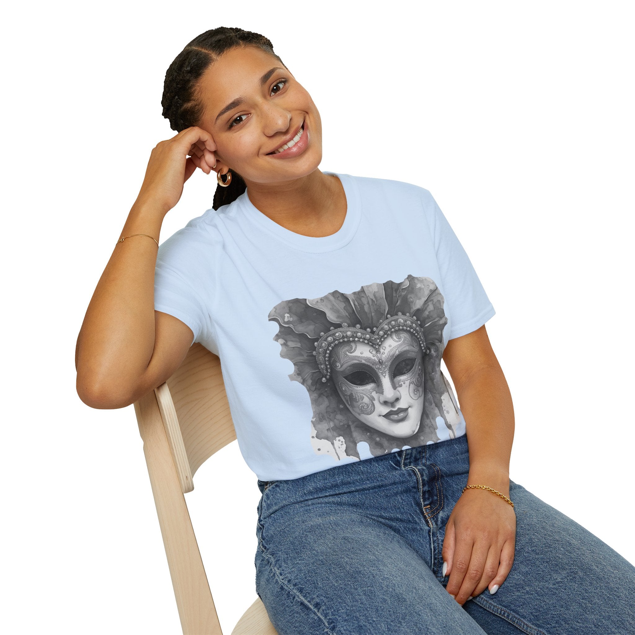 Light blue face mask graphic t-shirt with grey masquerade mask print, short sleeves