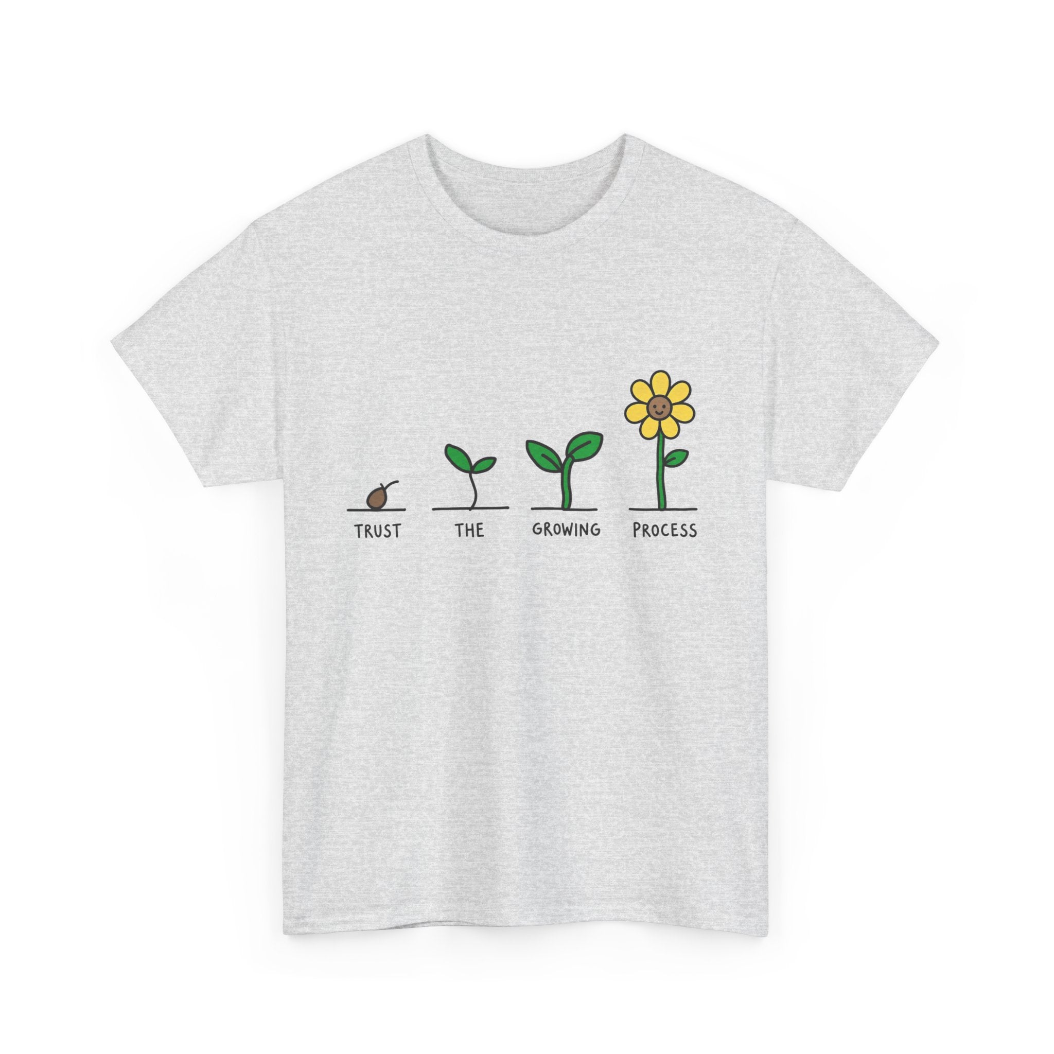 Heather gray graphic T-shirt with seedling-to-flower art and “Trust the Growing Process” text