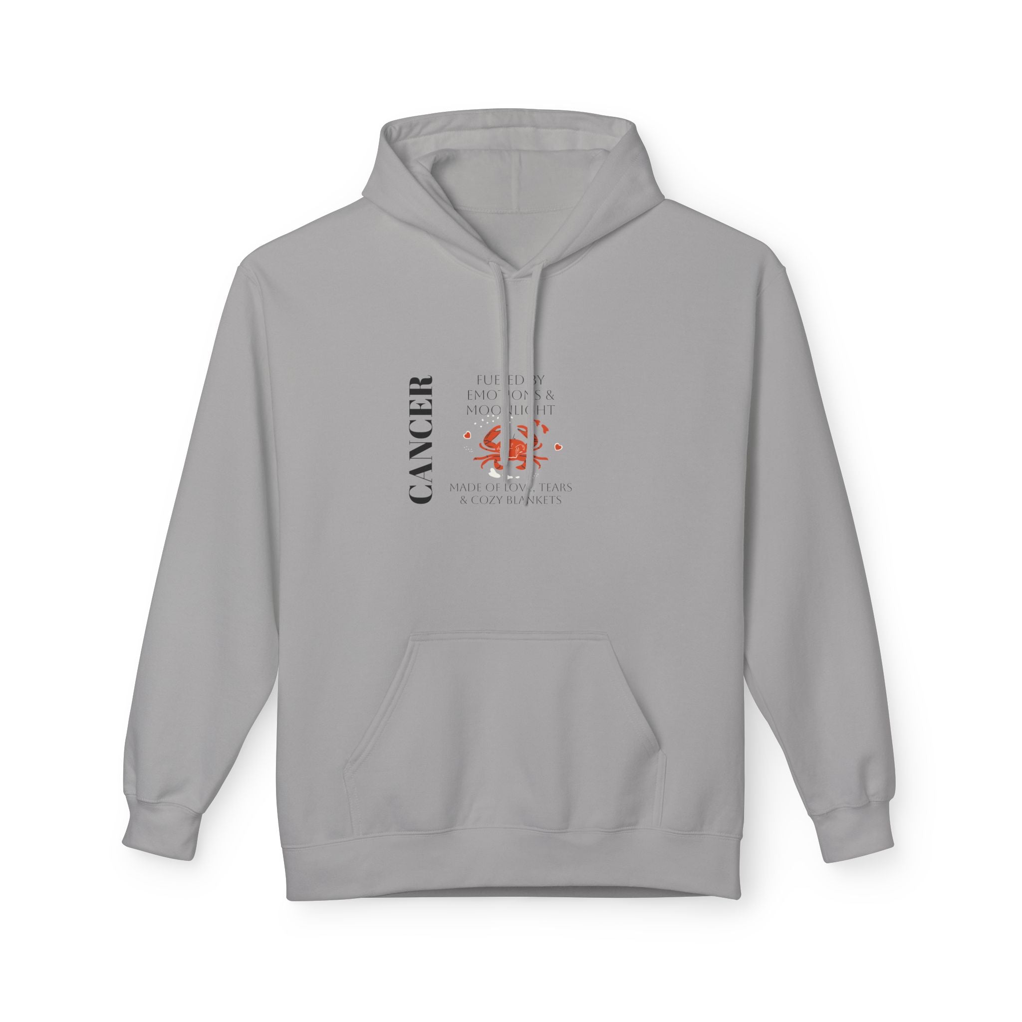 Gray stone hoodie with hood and kangaroo pocket; Cancer constellation graphic on chest