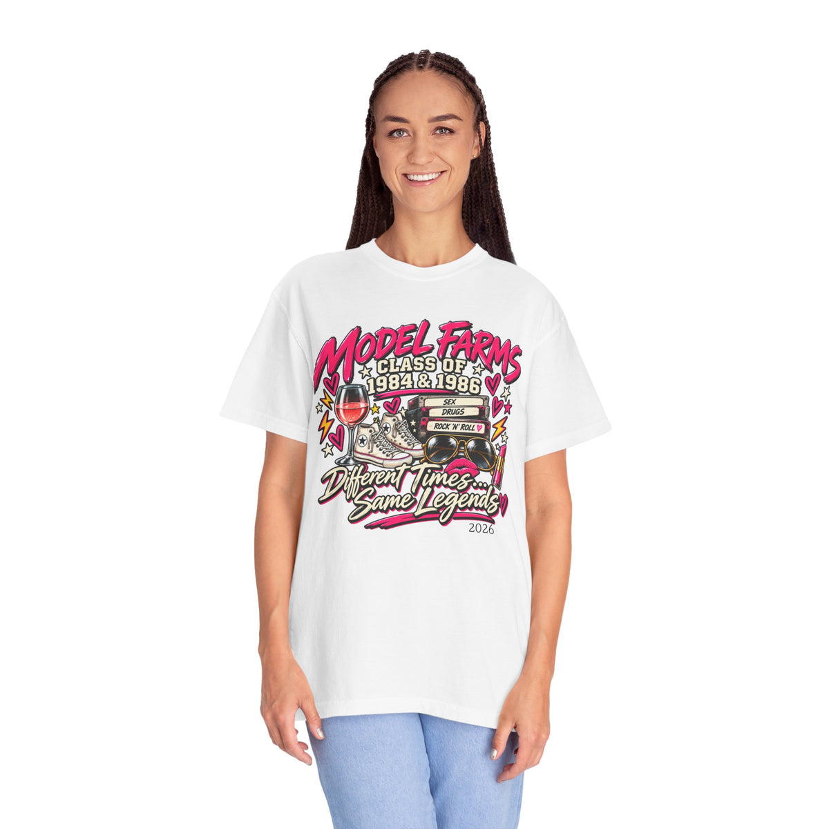 White crewneck T-shirt with colorful retro class graphic on the front