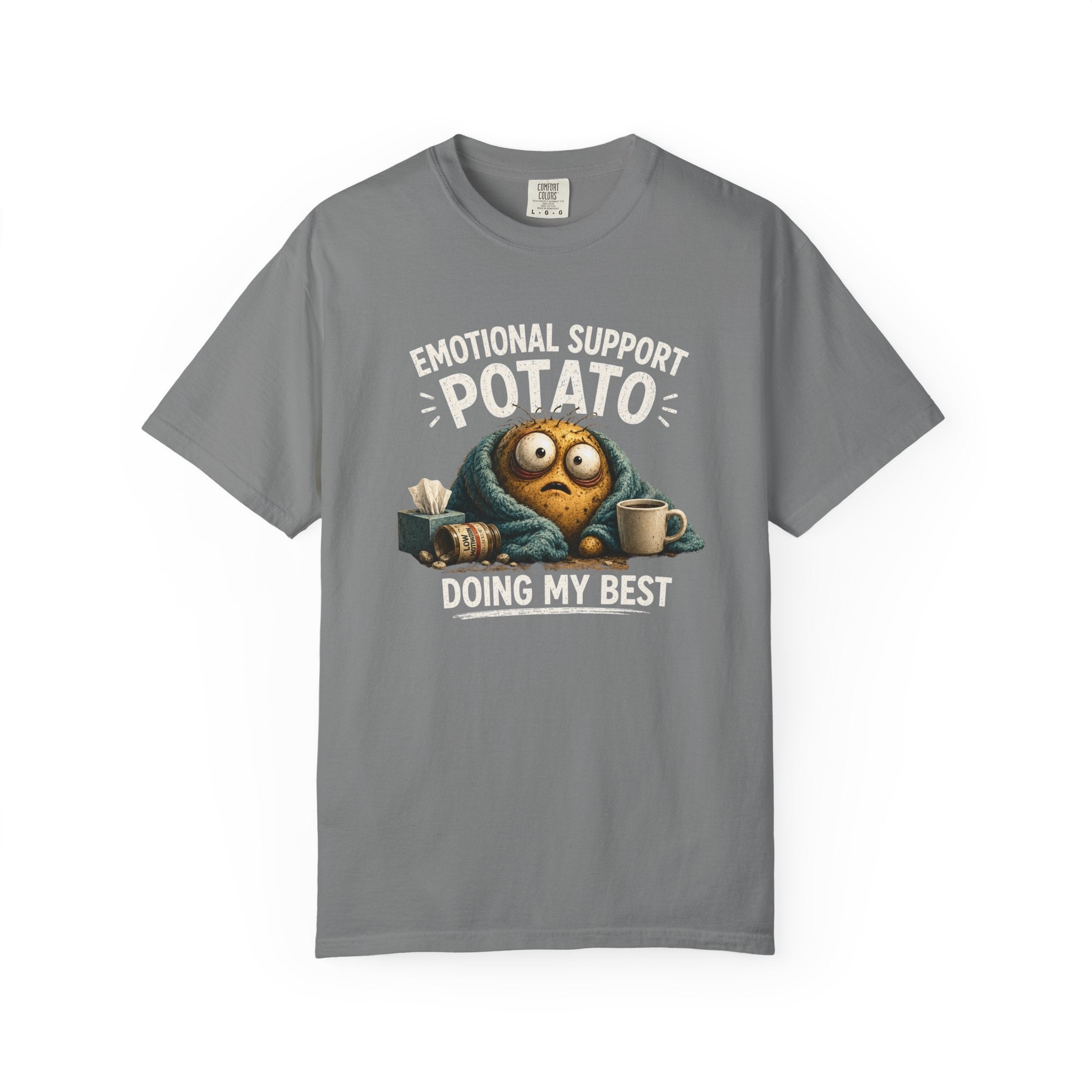 Gray Emotional Support Potato T-shirt with potato character and 'Doing My Best' print