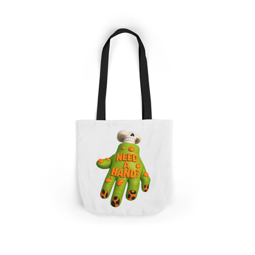 White canvas tote bag with black handles and "Need A Hand" monster hand print.