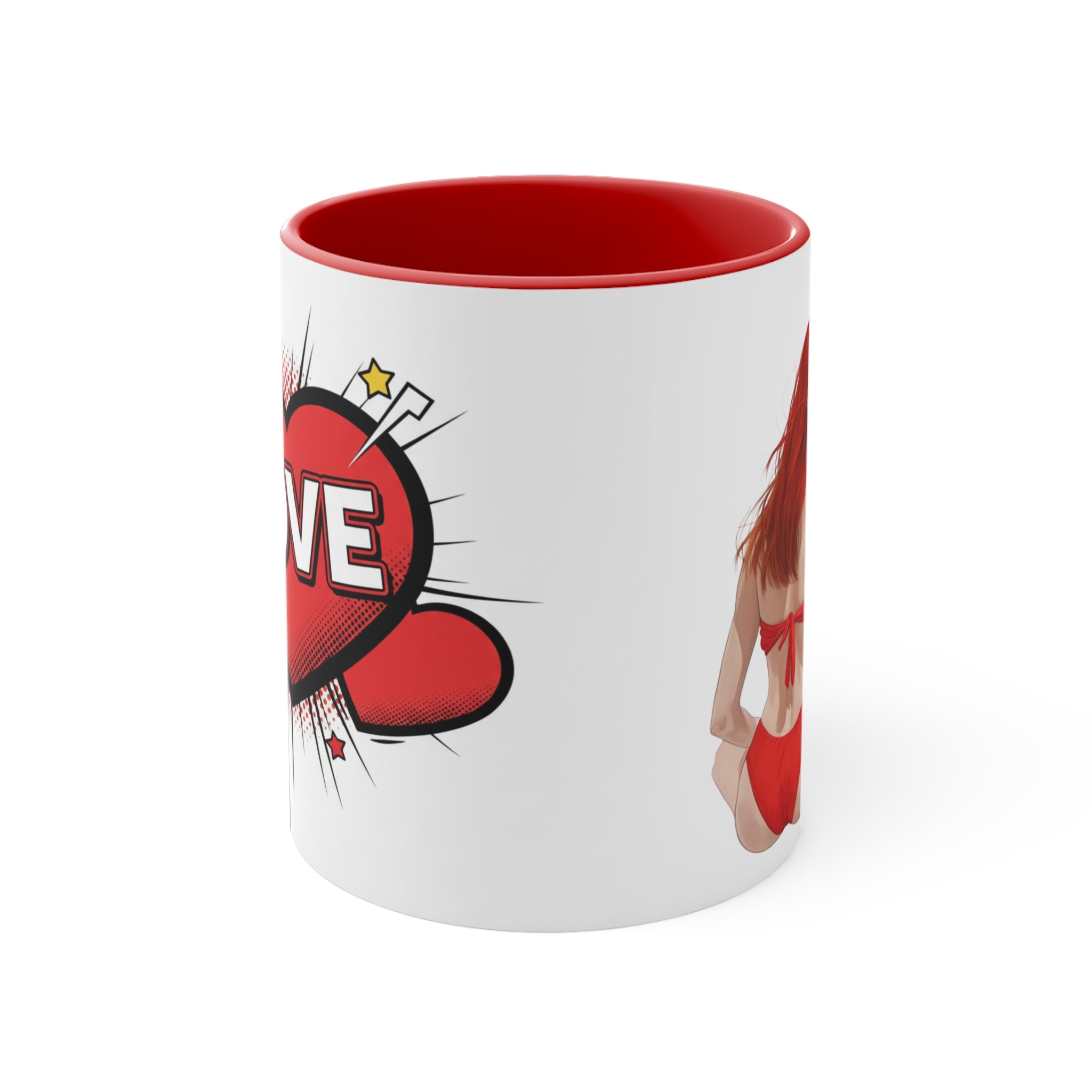 White mug with red interior and comic heart graphic with LOVE text