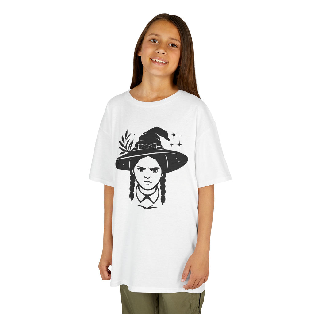 White kids unisex witch graphic T-shirt with wide-brim hat and face illustration