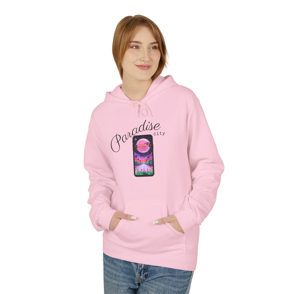 Light pink graphic hoodie with front pocket and hood, front landscape print
