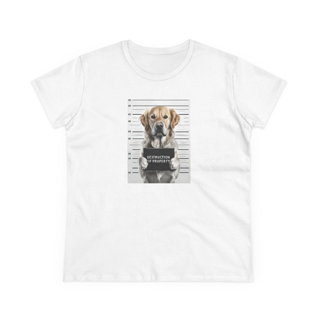 White dog graphic mugshot tee with centered portrait graphic and crew neck
