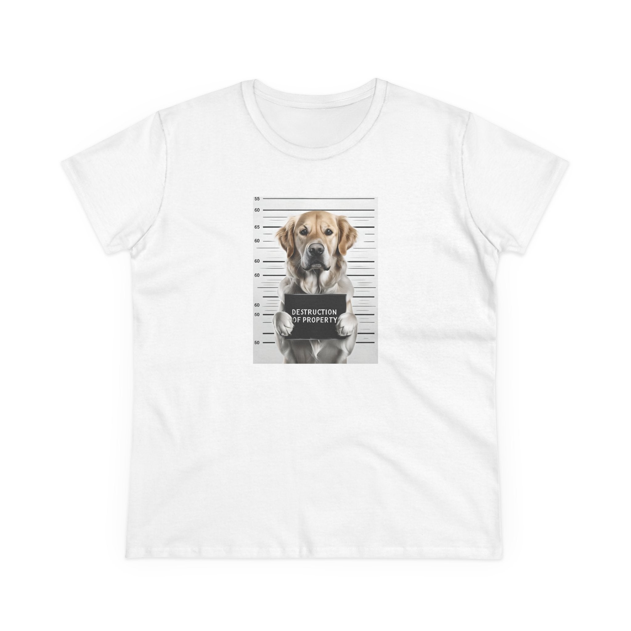 White dog graphic mugshot tee with centered portrait graphic and crew neck