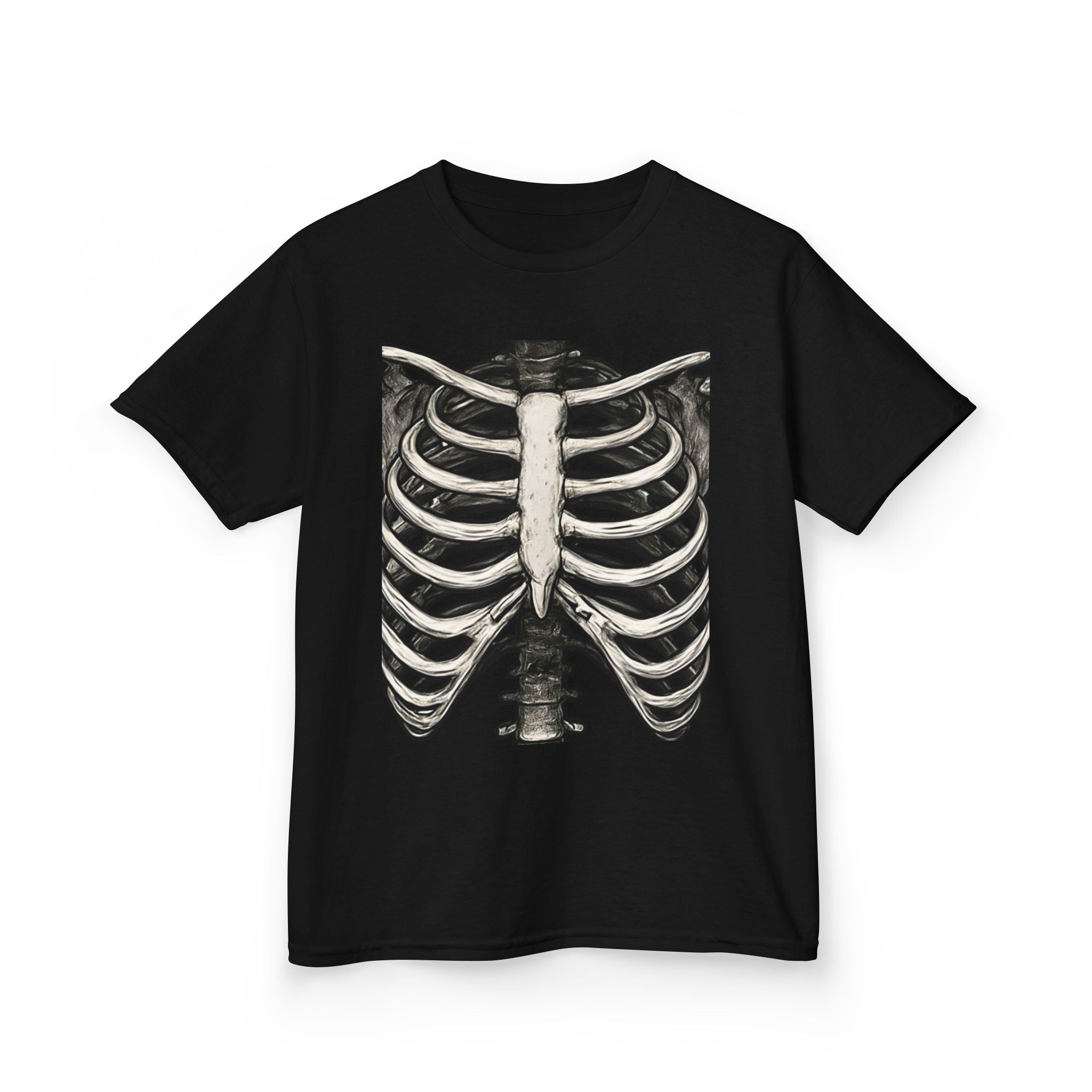 Black kids T-shirt with centered ribcage skeleton graphic, short sleeves
