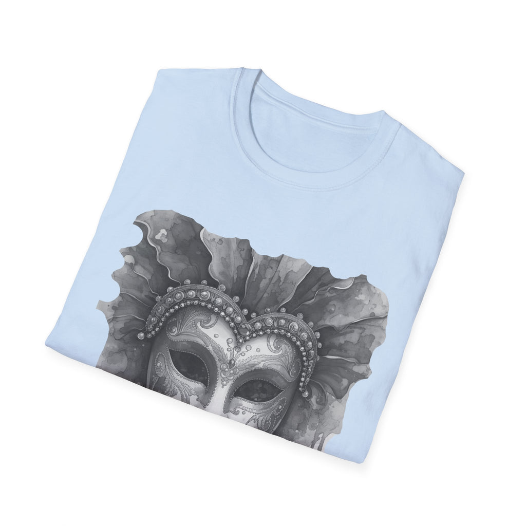 Light blue face T-shirt with watercolor masquerade mask graphic on the chest