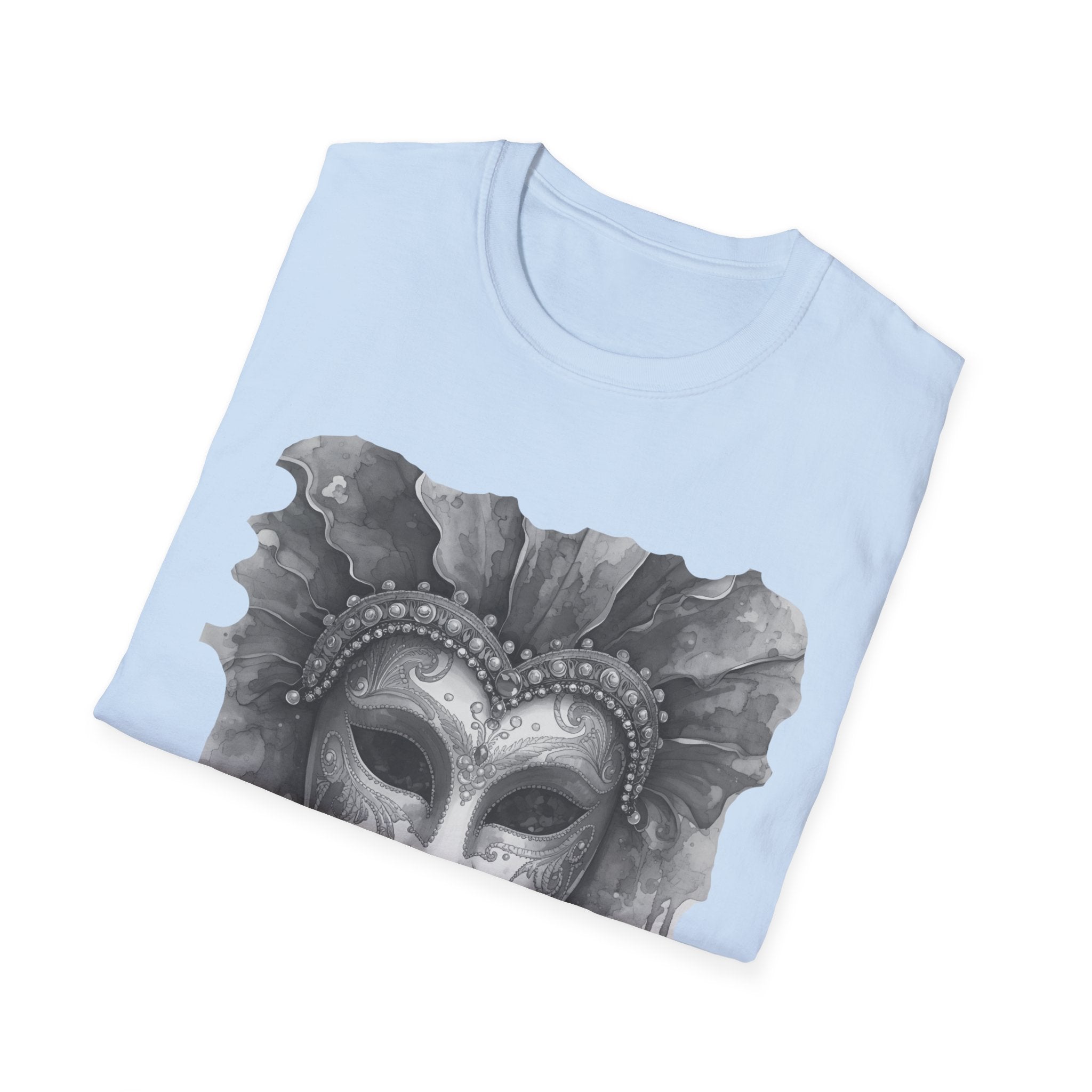 Light blue face T-shirt with watercolor masquerade mask graphic on the chest