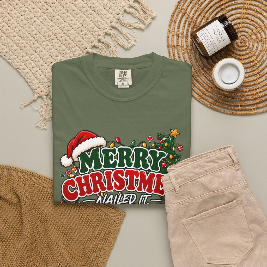 Green crewneck Christmas t-shirt with 'Merry Christmas Nailed It' front graphic