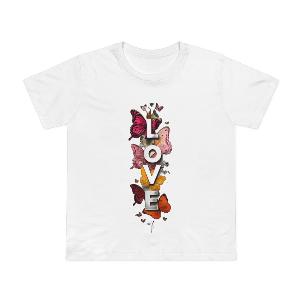 White women's graphic tee with front LOVE letters and butterfly artwork.