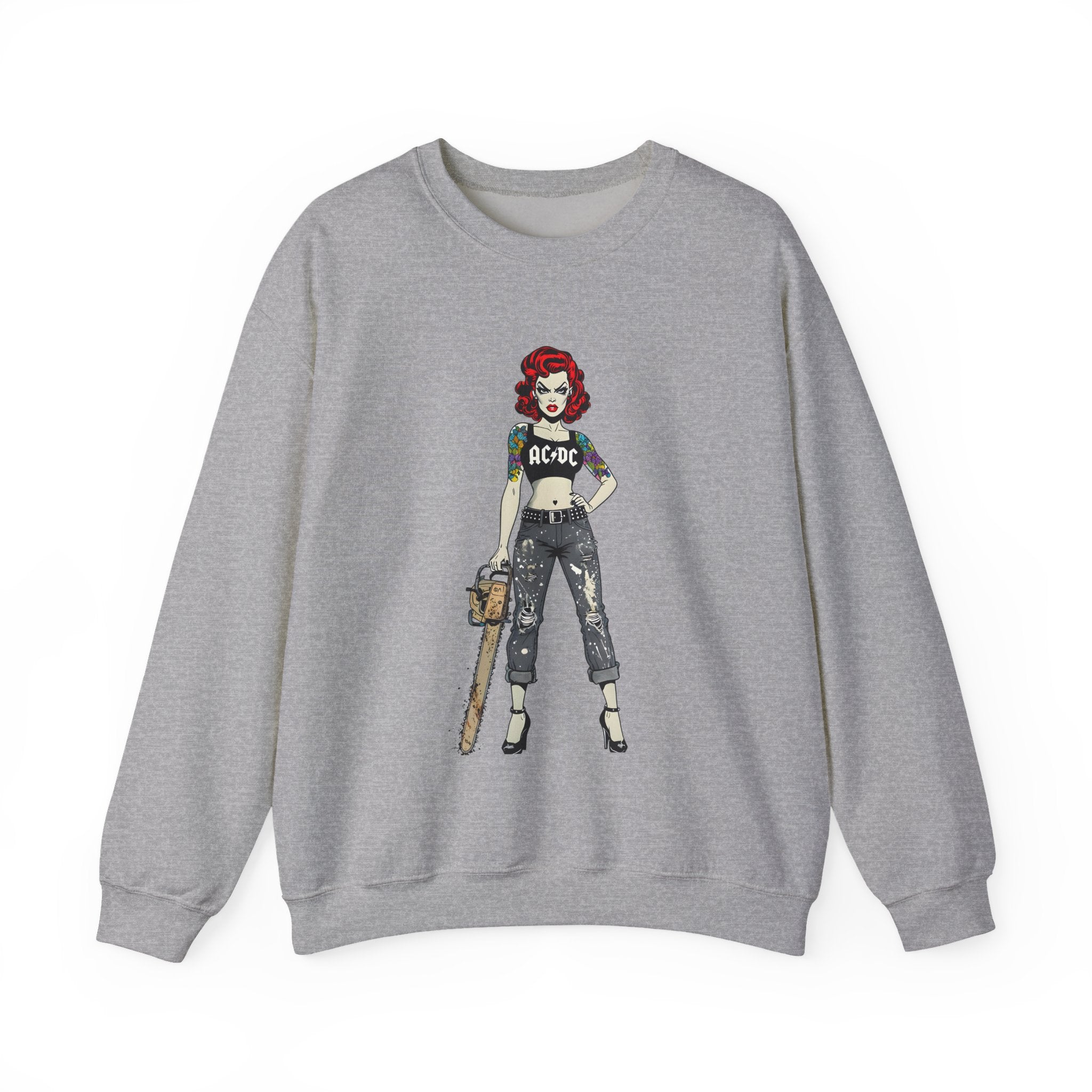Sport grey sweatshirt with comic-style AC/DC rock girl graphic on chest