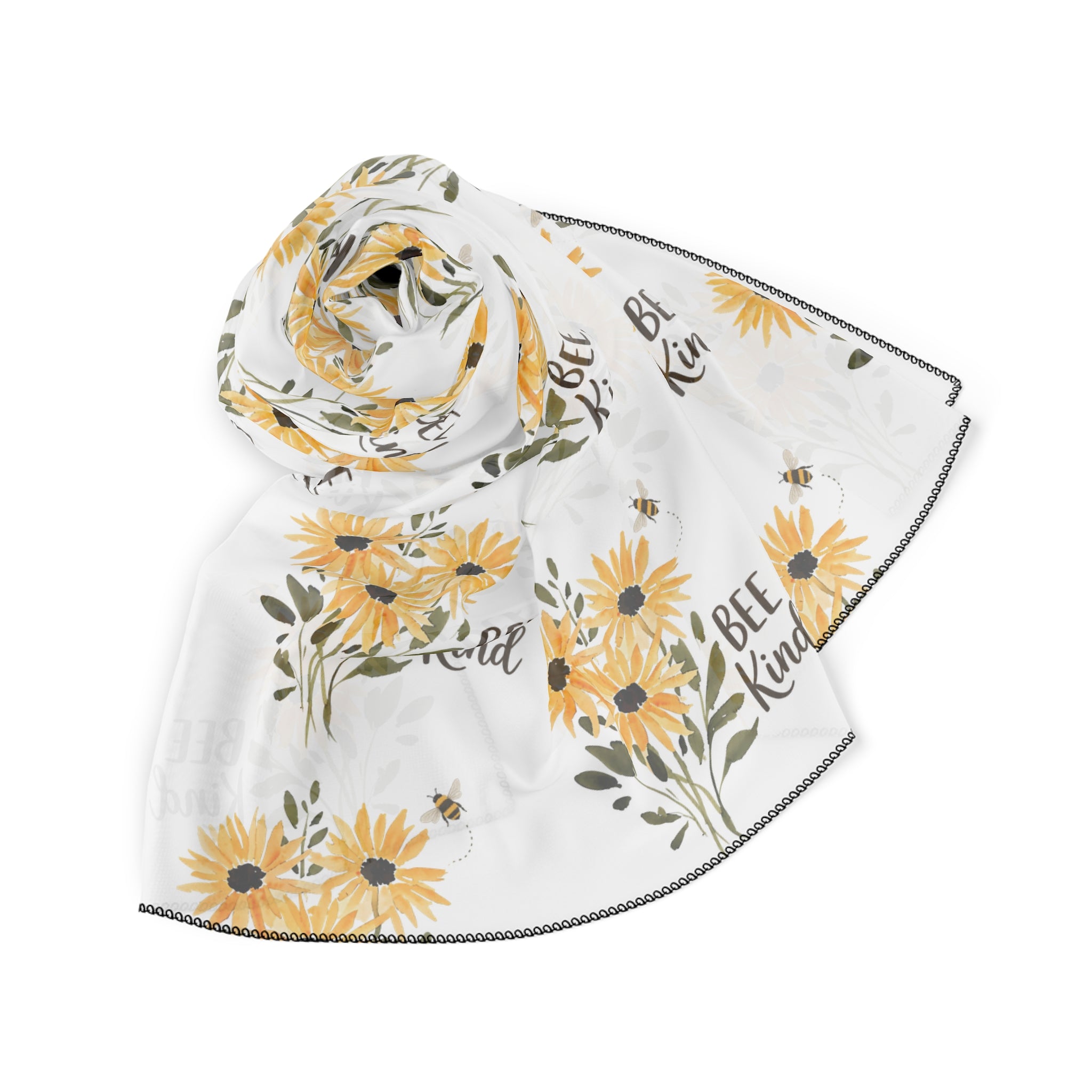 Yellow sunflower floral scarf with 'Bee Kind' text, poly chiffon, draped fold